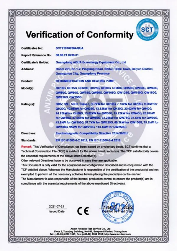 AQUA Swimming Pool Equipment SCT Certificate